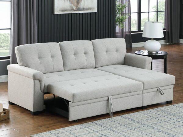 84"W Light Gray Linen Reversible Sleeper Sectional Sofa with Storage Chaise