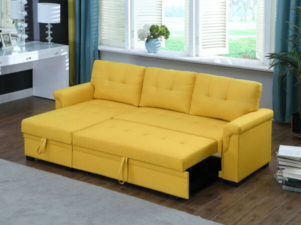 84"W Yellow Linen Reversible Sleeper Sectional Sofa with Storage Chaise - Image 2