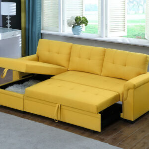 84"W Yellow Linen Reversible Sleeper Sectional Sofa with Storage Chaise