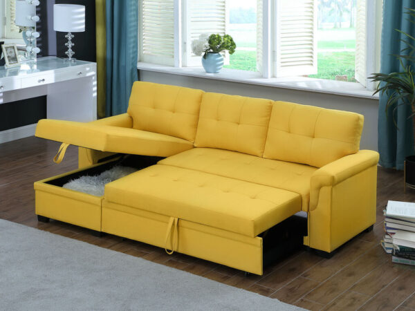 84"W Yellow Linen Reversible Sleeper Sectional Sofa with Storage Chaise
