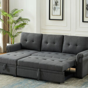 84"W Dark Gray Linen Reversible Sleeper Sectional Sofa with Storage Chaise