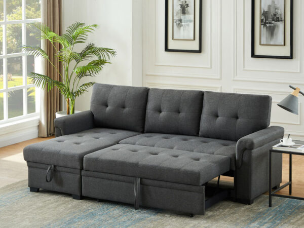 84"W Dark Gray Linen Reversible Sleeper Sectional Sofa with Storage Chaise