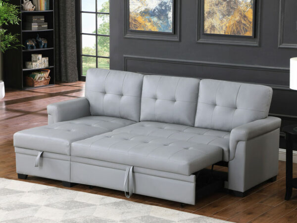 83.5"W Gray Vegan Leather Modern Reversible Sleeper Sectional Sofa with Storage Chaise