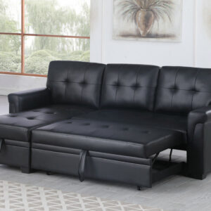 83.5"W Black Vegan Leather Modern Reversible Sleeper Sectional Sofa with Storage Chaise