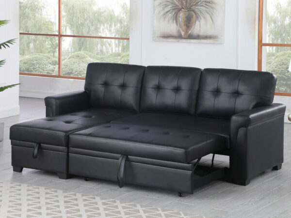 83.5"W Black Vegan Leather Modern Reversible Sleeper Sectional Sofa with Storage Chaise