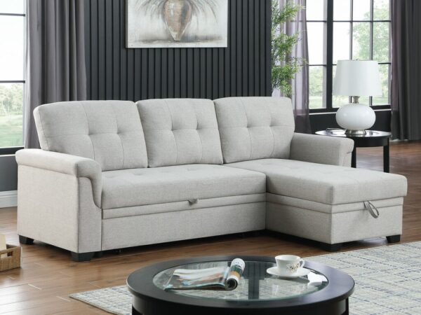 84"W Light Gray Linen Reversible Sleeper Sectional Sofa with Storage Chaise - Image 3