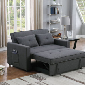 56"W Light Gray Linen Convertible Sleeper Loveseat with Side Pocket