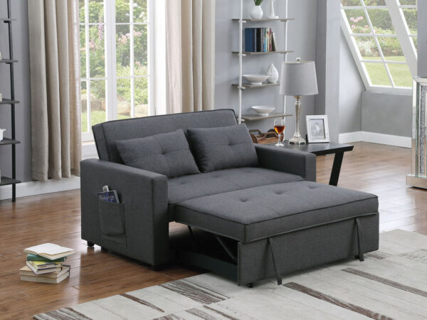 56"W Light Gray Linen Convertible Sleeper Loveseat with Side Pocket