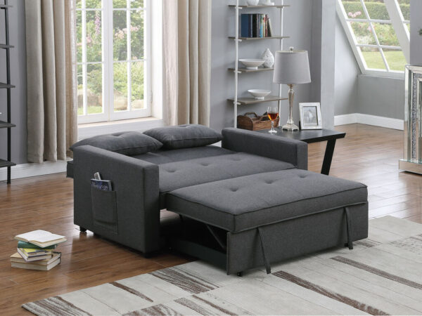 56"W Light Gray Linen Convertible Sleeper Loveseat with Side Pocket - Image 3