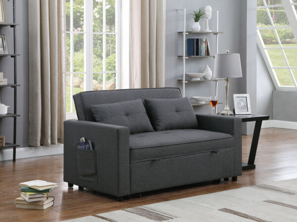 56"W Light Gray Linen Convertible Sleeper Loveseat with Side Pocket - Image 4