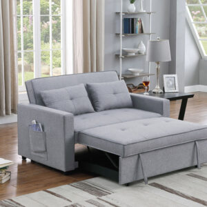 56"W Light Gray Linen Convertible Sleeper Loveseat with Side Pocket