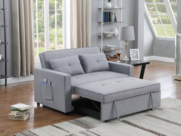 56"W Light Gray Linen Convertible Sleeper Loveseat with Side Pocket