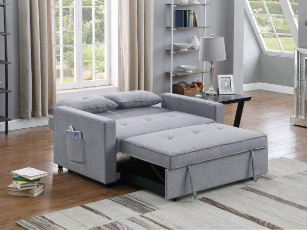 56"W Light Gray Linen Convertible Sleeper Loveseat with Side Pocket - Image 3