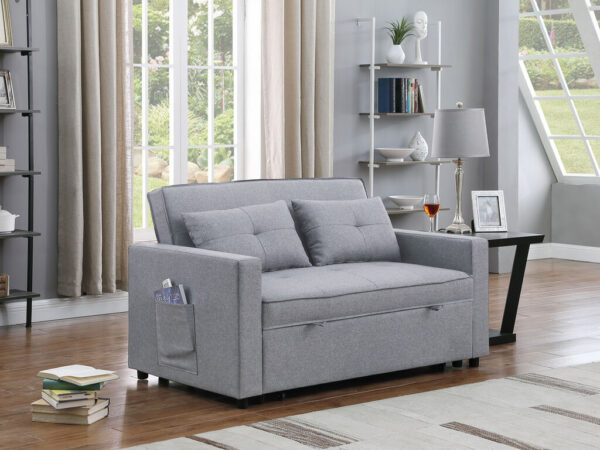 56"W Light Gray Linen Convertible Sleeper Loveseat with Side Pocket - Image 2