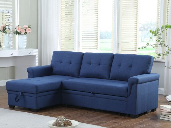 84"W Blue Linen Reversible Sleeper Sectional Sofa with Storage Chaise - Image 4