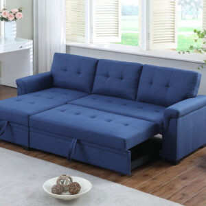 84"W Blue Linen Reversible Sleeper Sectional Sofa with Storage Chaise