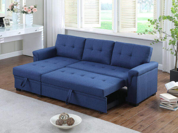84"W Blue Linen Reversible Sleeper Sectional Sofa with Storage Chaise