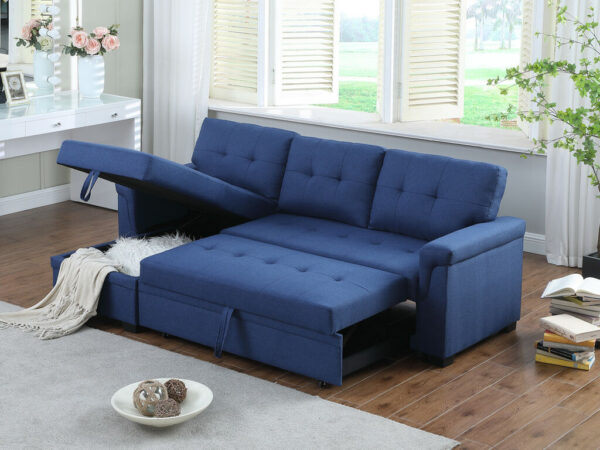 84"W Blue Linen Reversible Sleeper Sectional Sofa with Storage Chaise - Image 3
