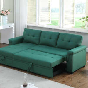 84"W Green Linen Reversible Sleeper Sectional Sofa with Storage Chaise
