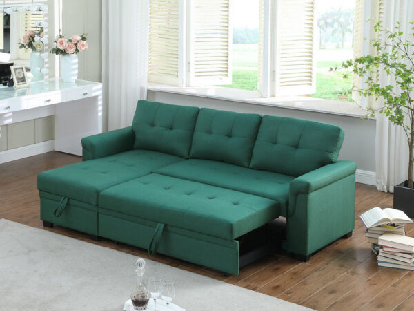 84"W Green Linen Reversible Sleeper Sectional Sofa with Storage Chaise