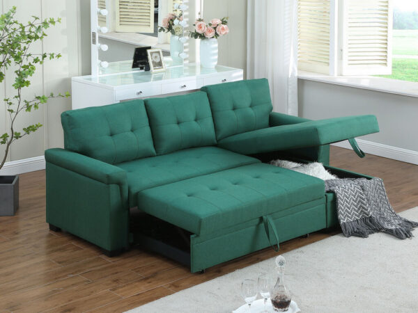 84"W Green Linen Reversible Sleeper Sectional Sofa with Storage Chaise - Image 3