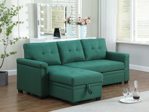 84"W Green Linen Reversible Sleeper Sectional Sofa with Storage Chaise - Image 4