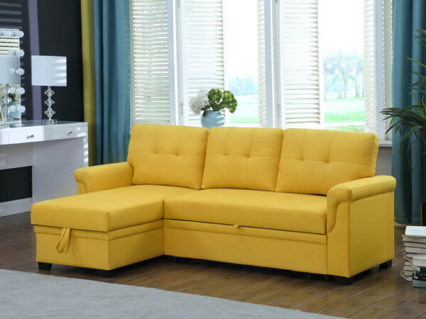 84"W Yellow Linen Reversible Sleeper Sectional Sofa with Storage Chaise - Image 3